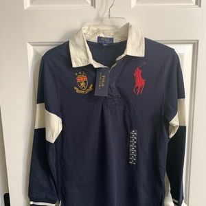 New Ralph Lauren POLO long sleeve shirt, navy blue, off white